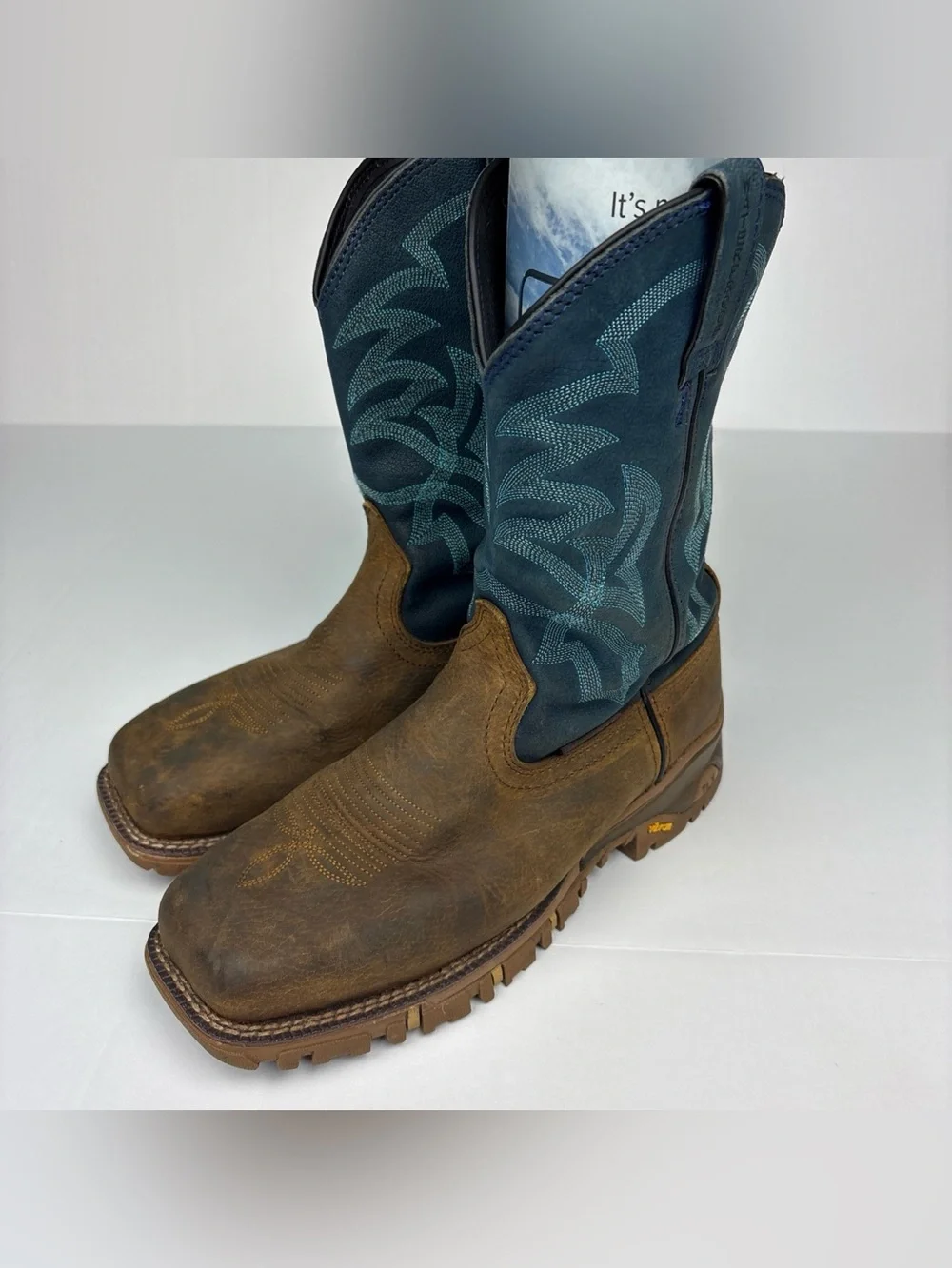 Tony Lama Men Size 7D Boots TW5010 Cowboy Blue Brown Steel Square Toe Waterproof